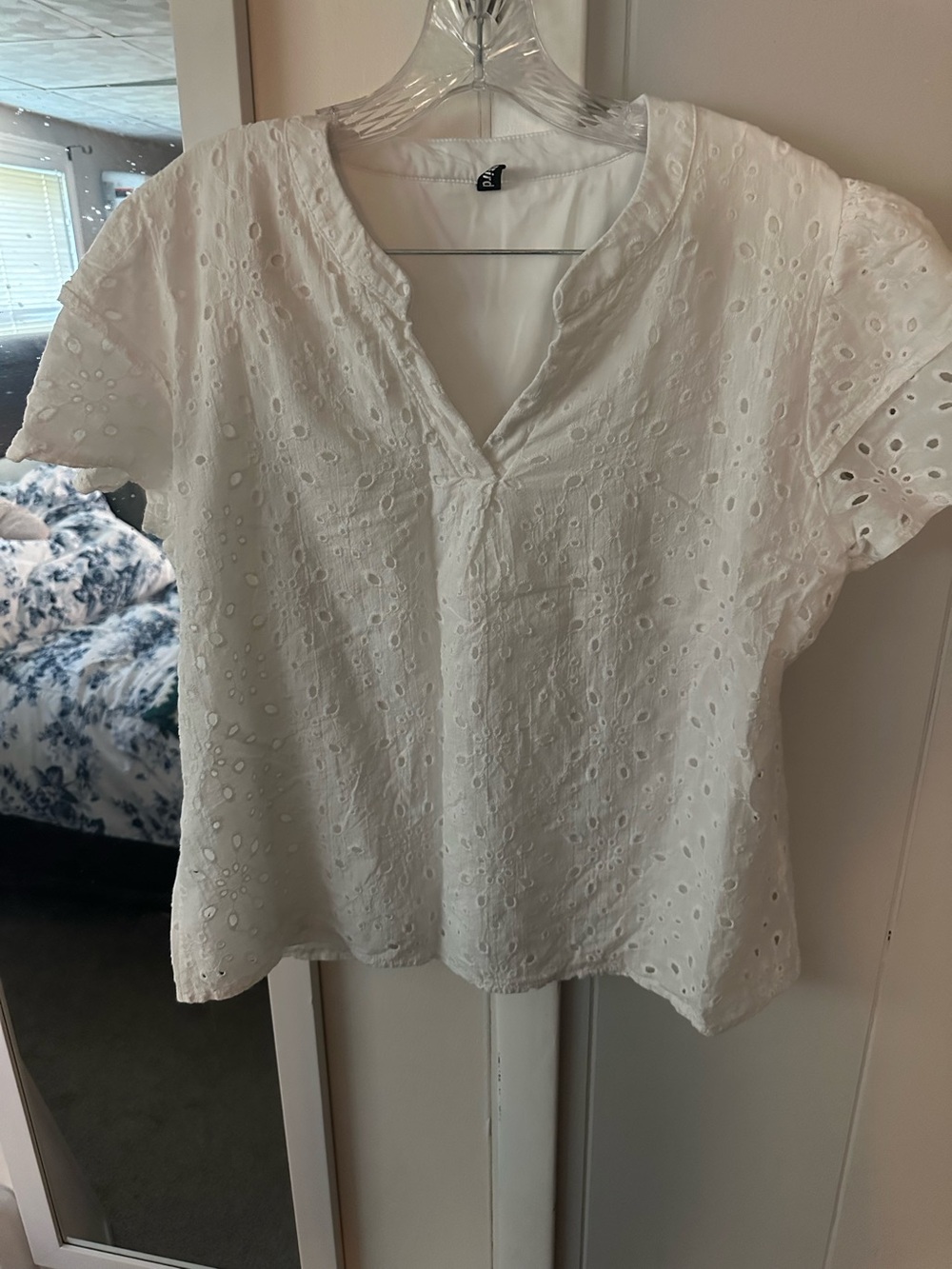 Women’s White Eyelet Split-Neck Tee by Unknown Brand